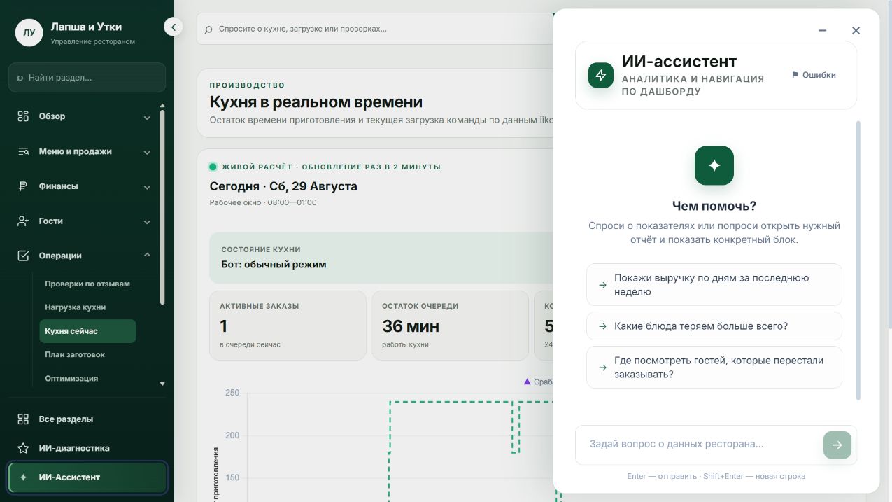 Панель ИИ-ассистента с примерами вопросов. Пример интерфейса ЛАДИТ.